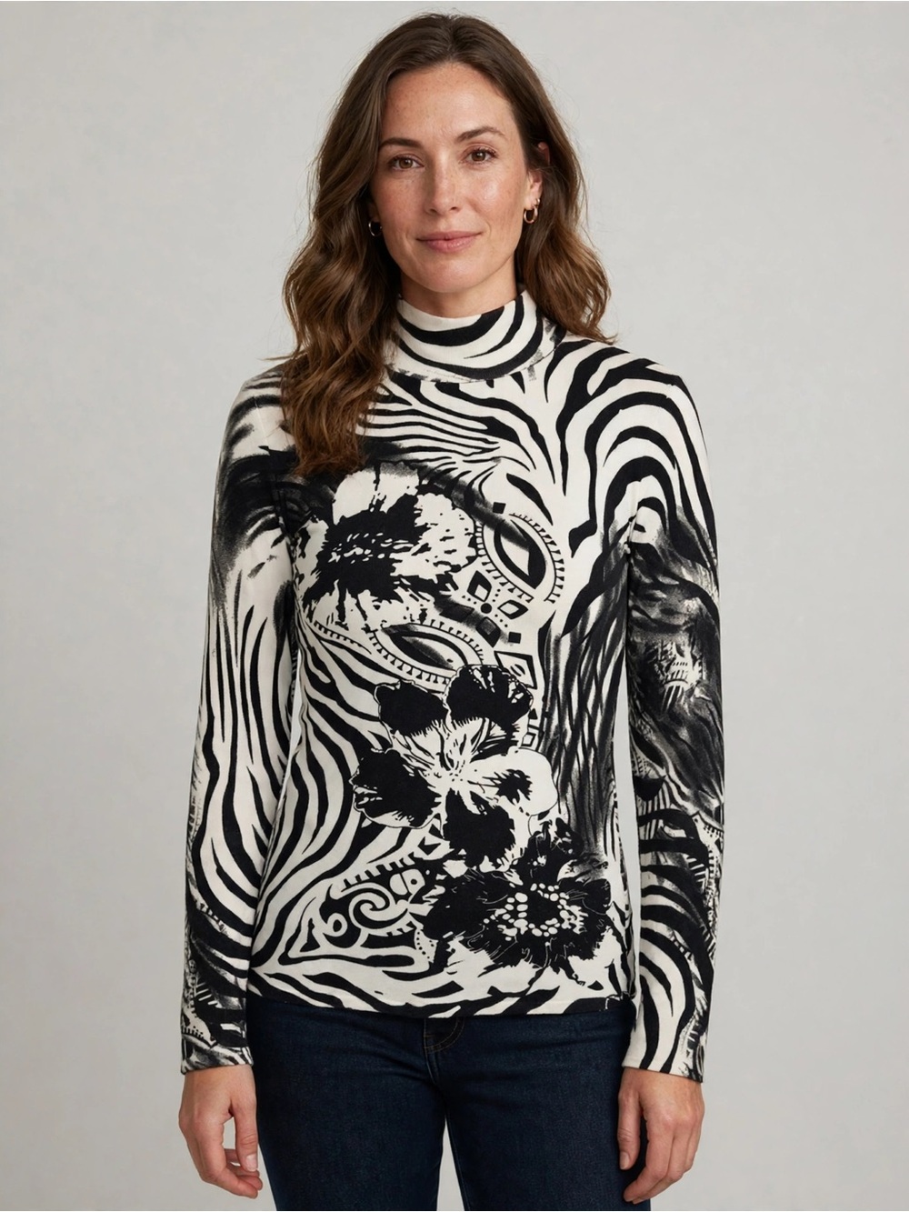 ASOS Cache Black & White Printed Long-Sleeve Top small y2k vintage